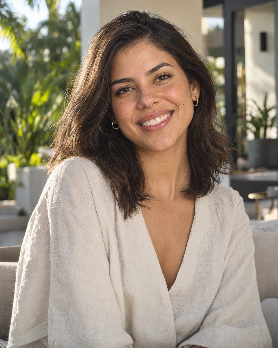 Young woman in a light blouse smiling in a sunlit room